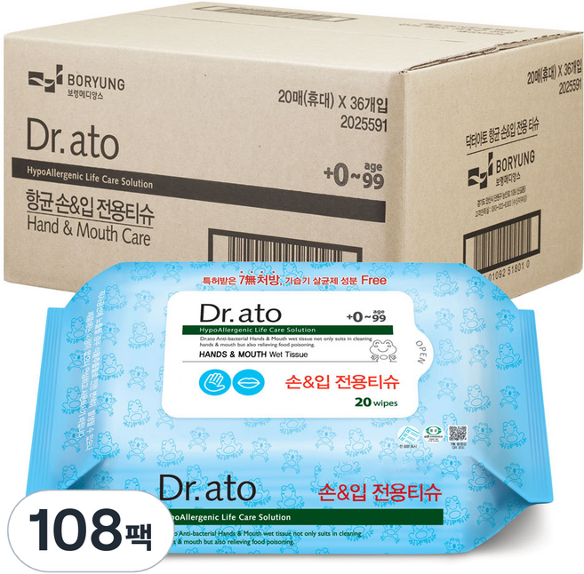 닥터아토 손 & 입 전용티슈 휴대형, 60g, 20매, 108개