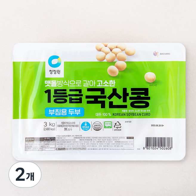 청정원 1등급 국산콩 두부 부침용, 3kg, 2개