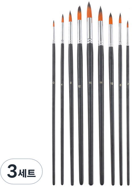 메이크마인 미술 수채화 그림 나일론 일반 붓 9종 세트, 0호, 2호, 4호, 6호, 8호, 10호, 12호, 14호, 16호, 3세트