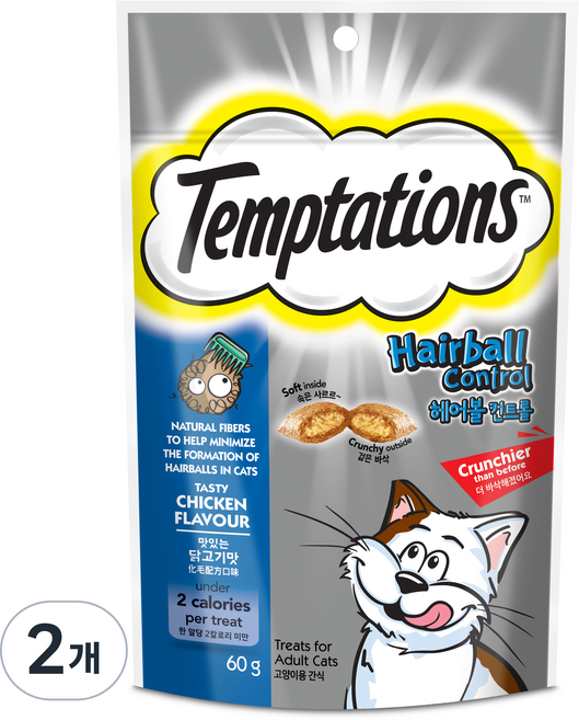 템테이션 고양이 헤어볼 컨트롤 스낵, 닭고기맛, 60g, 2개