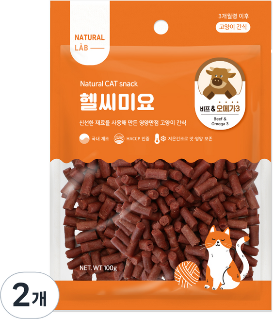 네츄럴랩 고양이 헬씨미요 간식, 혼합맛(비프/오메가3), 100g, 2개