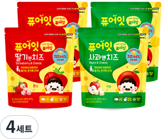 퓨어잇 내이브로 딸기엔치즈 16g x 2p + 사과엔치즈 16g x 2p, 딸기 + 치즈 혼합맛, 사과 + 치즈 혼합맛, 4세트