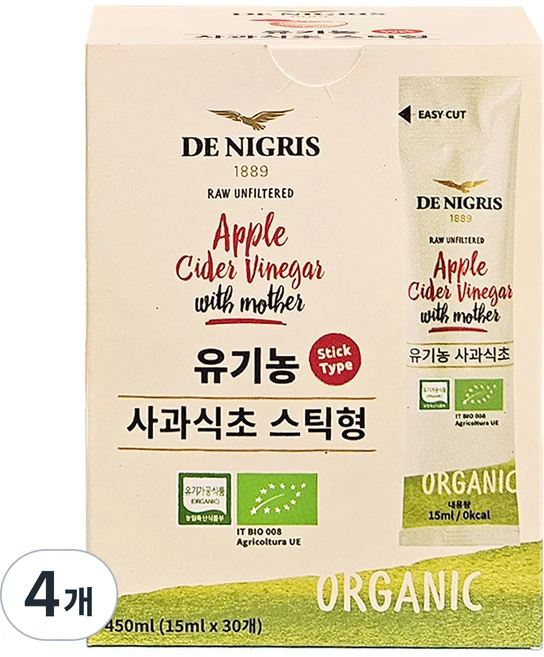 데니그리스 유기농 사과식초 스틱형 30p, 450ml, 4개 - 쿠팡