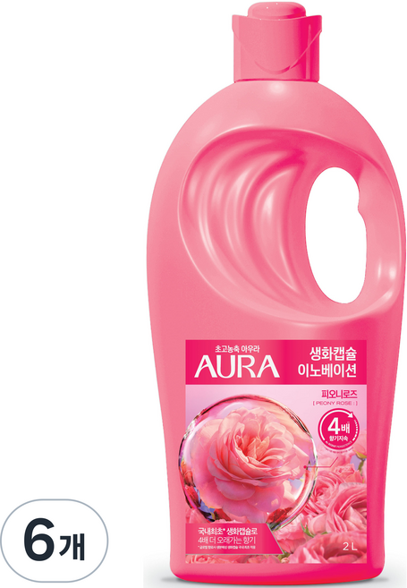 아우라 생화캡슐 이노베이션 섬유유연제 피오니로즈 본품, 2L, 6개