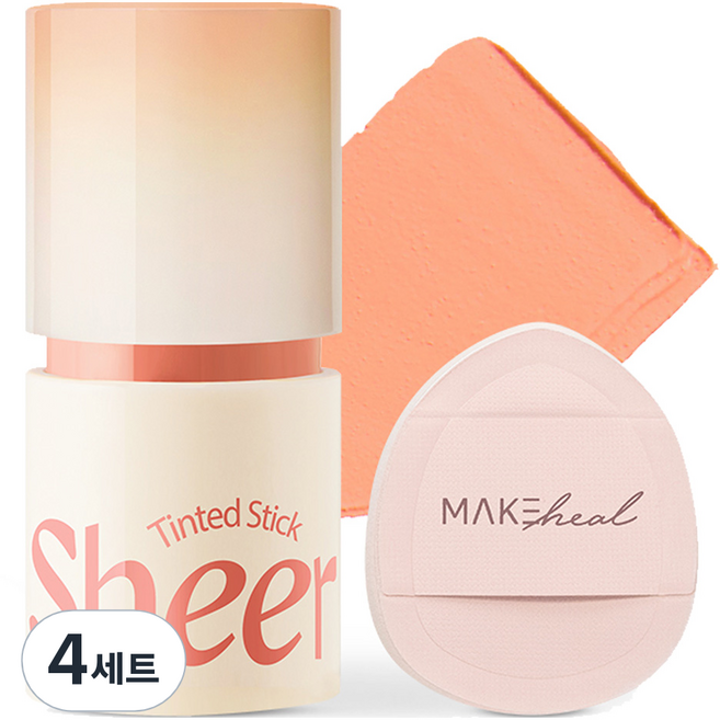 메이크힐 틴티드 쉬어 스틱 6g + 핑거퍼프 세트, 05 쉬어 퍼시몬, 4개