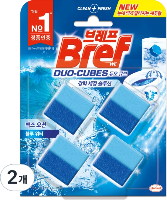 브레프 듀오큐브 맥스 오션 변기 세정제 4p, 200g, 2개 - 쿠팡