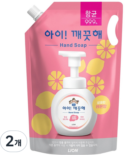 아이깨끗해 항균 폼 핸드솝 리필 레몬향, 1.8L, 2개