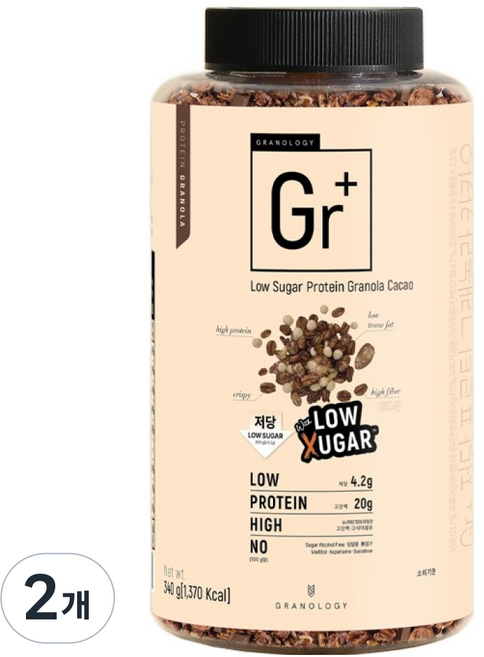 GRANOLOGY Gr Plus 低糖高蛋白可可穀物麥片, 340g, 2個
