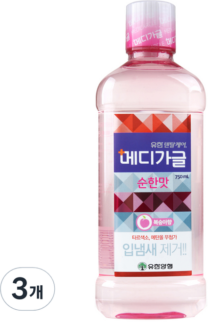 유한덴탈케어 메디가글 순한맛 구강청결제 복숭아향, 750ml, 3개