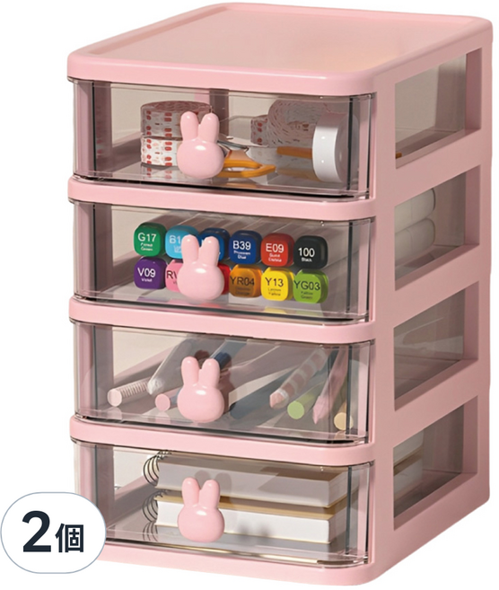 可愛童趣桌面抽屜收納盒 透明視窗 4層, 2個, 粉色