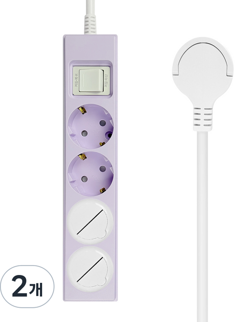 원스탑 제로갭 스위치 16A 과부하차단 납작멀티탭 4구 안전커버 2p, 2개, 소프트 라벤더(멀티탭), 1m