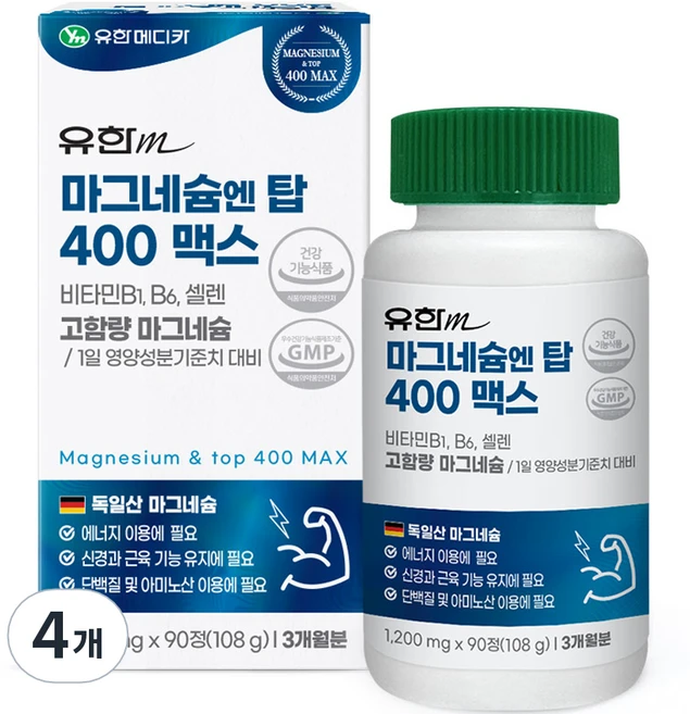 유한메디카 마그네슘 엔 탑 400 맥스 108g, 90정, 4개 - 쿠팡
