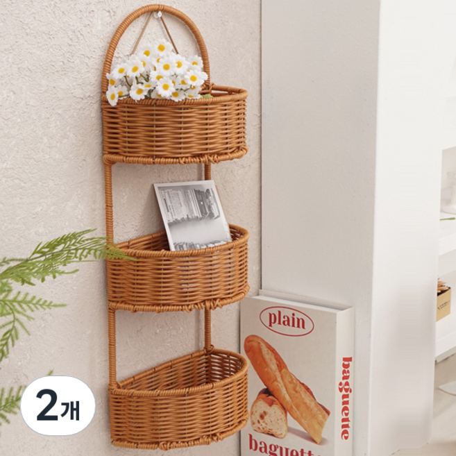 내일의공간 원형 pp 벽걸이 라탄 바구니 선반, 2개, 네츄럴