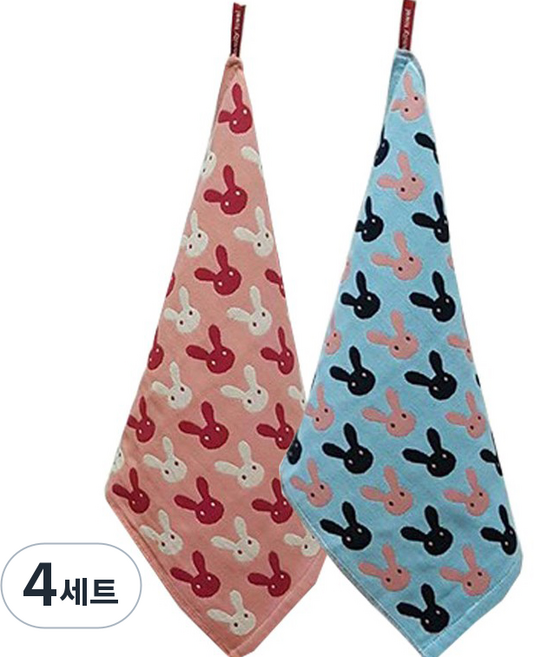 北歐風廚房毛巾 兔子 2件組, 藍色 + 粉紅色, 4套