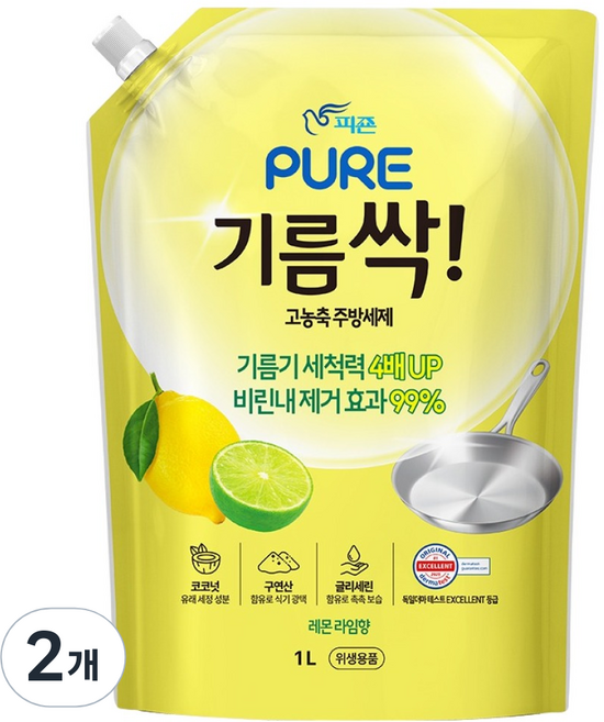 피죤퓨어 기름싹 주방세제 레몬라임향, 1L, 2개