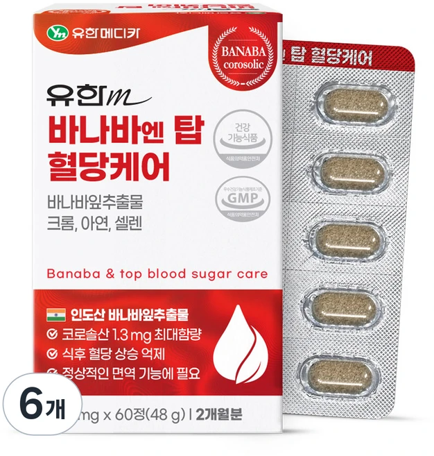 유한메디카 바나바 엔 탑 혈당케어 48g, 60정, 6개 - 쿠팡