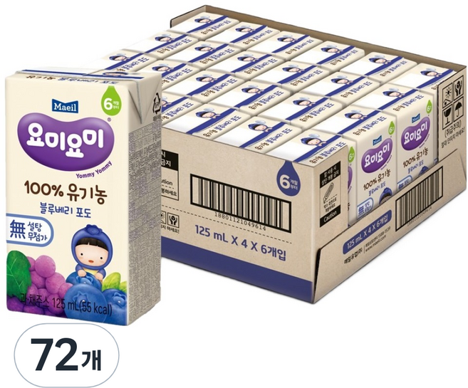 요미요미 100% 유기농 블루베리 포도, 125ml, 72개