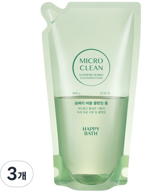 해피바스 마이크로 클린 솝베리 버블 클렌징폼 리필, 3개, 400ml