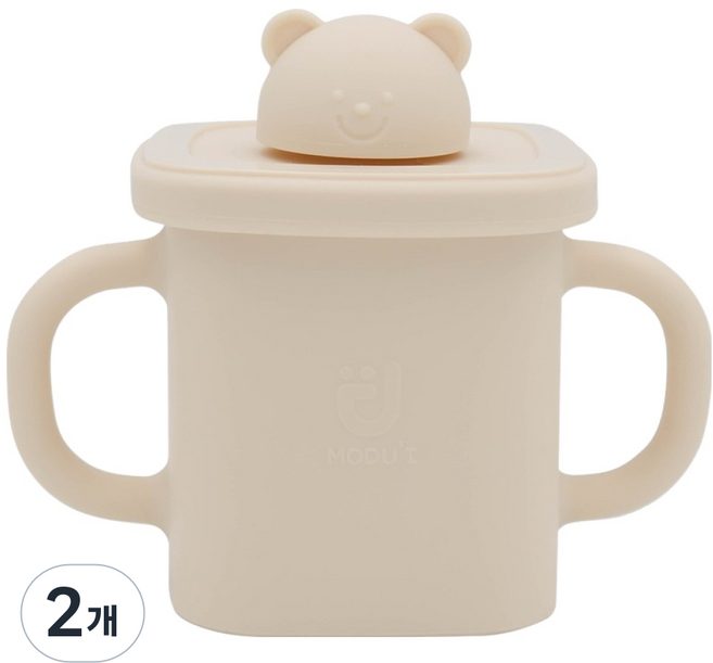 모두아이 유아용 실리콘 곰돌이 사각 스파우트컵, 피치, 2개, 375ml