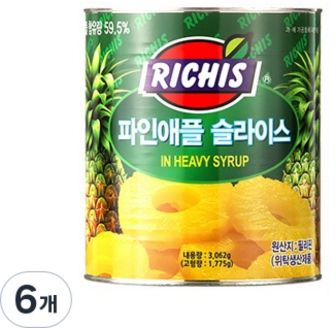 (주)동서 리치스 파인애플 슬라이스, 3.062kg, 6개