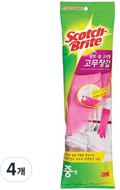 스카치브라이트 황토 숯 고리형 고무장갑, 분홍, 중(M), 4개
