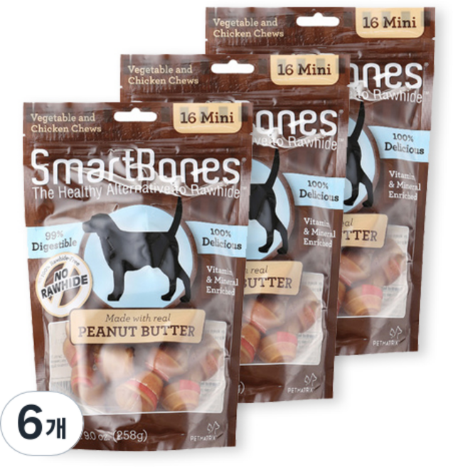 스마트본 미니 강아지 간식 16p, 피넛버터, 258g, 6개