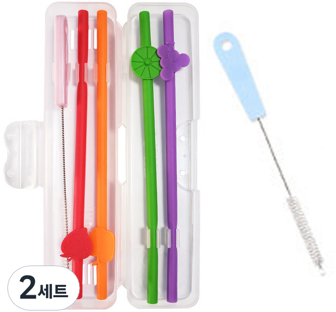 아가프라 과일 실리콘 빨대 랜덤발송 4p + 스트로우 세척 브러쉬 랜덤발송 + 보관 케이스, 2세트, 4개