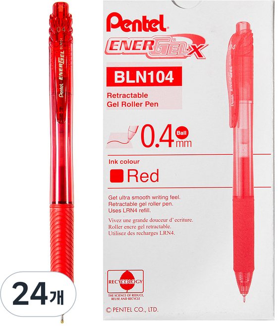 Pentel 飛龍文具 ENERGEL BLN104BX 0.4mm, 紅色, 24個