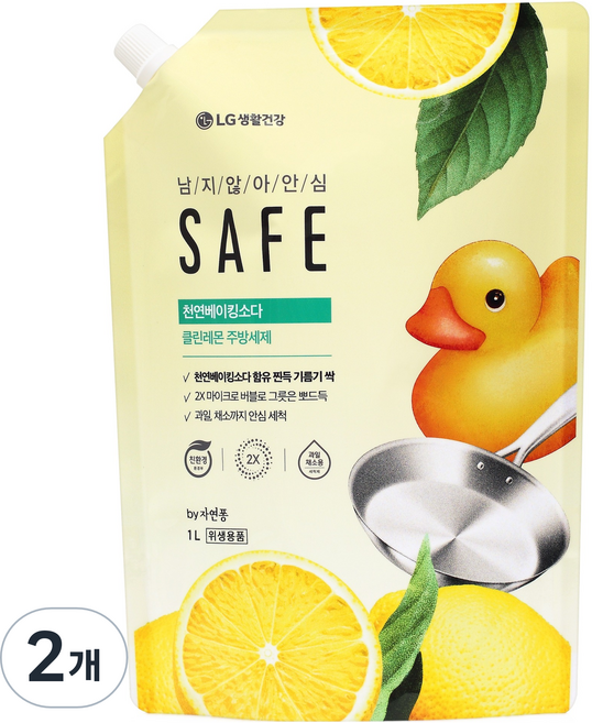 세이프 천연베이킹소다 클린레몬 주방세제, 1L, 2개