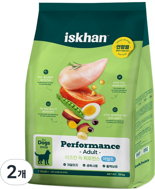 이즈칸 어덜트 강아지 퍼포먼스 건식사료, 닭, 15kg, 2개