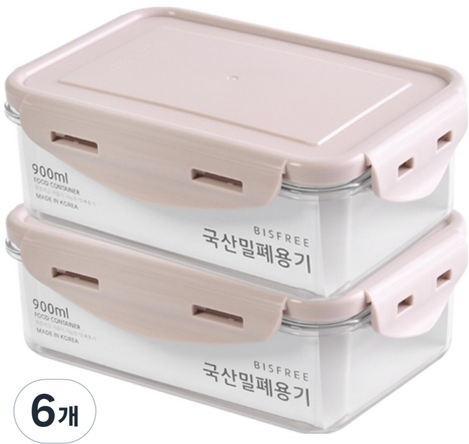 QUIDNOVI 국내산 직사각 밀폐용기 인디핑크, 6개, 900ml