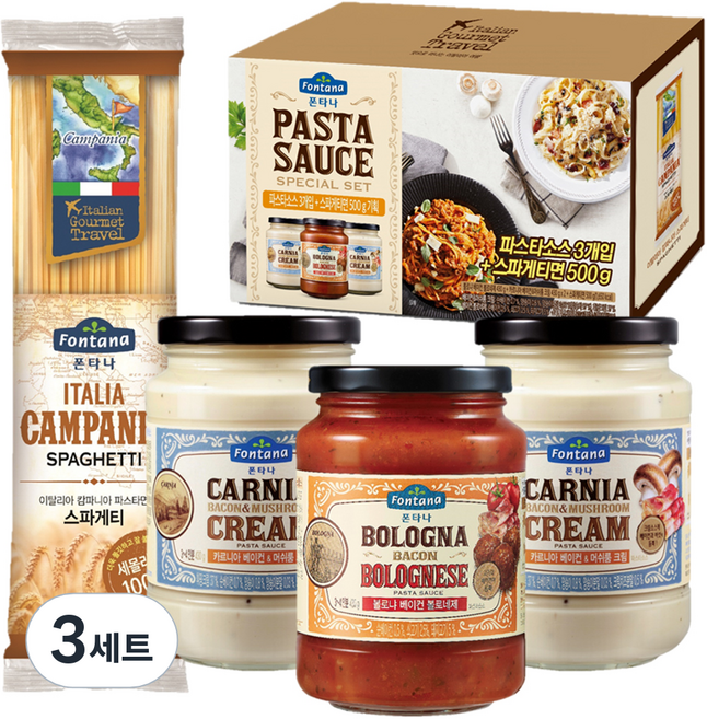 폰타나 베이컨머쉬룸 크림 파스타 소스 430g x 2p + 볼로네제 파스타 소스 430g + 스파게티 면 500g 세트, 3세트