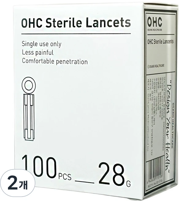 오상헬스케어 멸균 란셋 채혈침 28g, 2개, 100개입 - 쿠팡