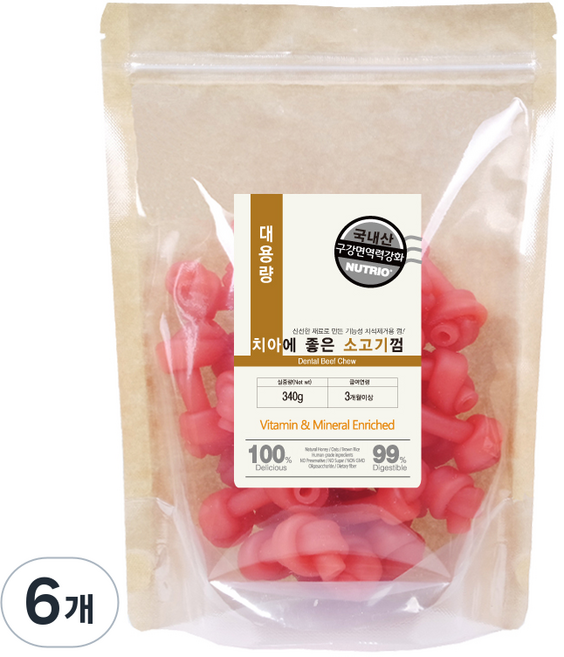 뉴트리오 대용량 애견용 치아에 좋은 껌, 소고기, 340g, 6개