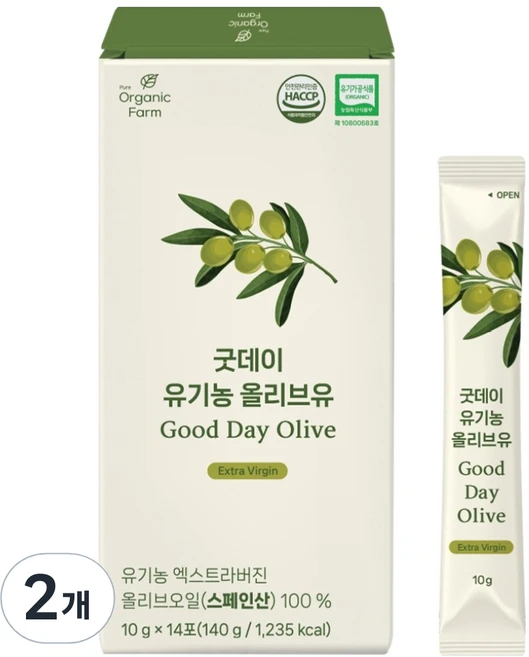 오가닉팜 굿데이 유기농 올리브유 14p, 140g, 2개 - 쿠팡