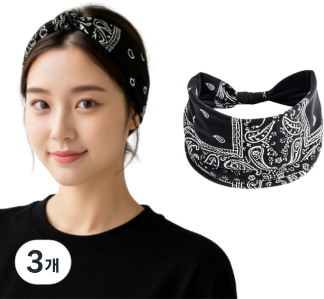 타이드코 세련된 피트니스 런닝 요가 헤어스카프, 블랙, 3개