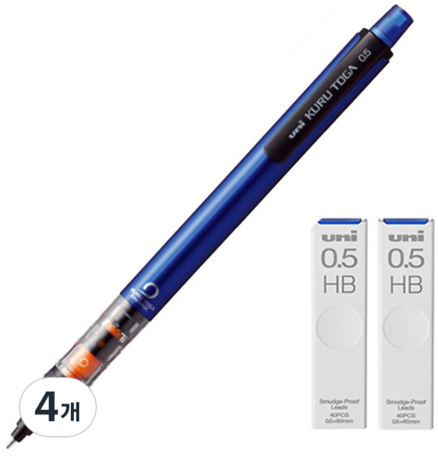 Uni 三菱 KURU TOGA uni Pipe Slide 自動鉛筆 藍色 M5-452 + Kuru Toga 專用筆芯 HB 2入組, 4個, 0.5mm