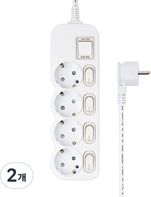 에코파워탭 국내 제조 슬림 개별 과부하차단 스위치 납작 멀티탭 4구 CSG-404P, 화이트, 2개, 3m