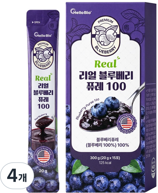 헬로바이오 리얼 블루베리 퓨레 100, 4개, 300g