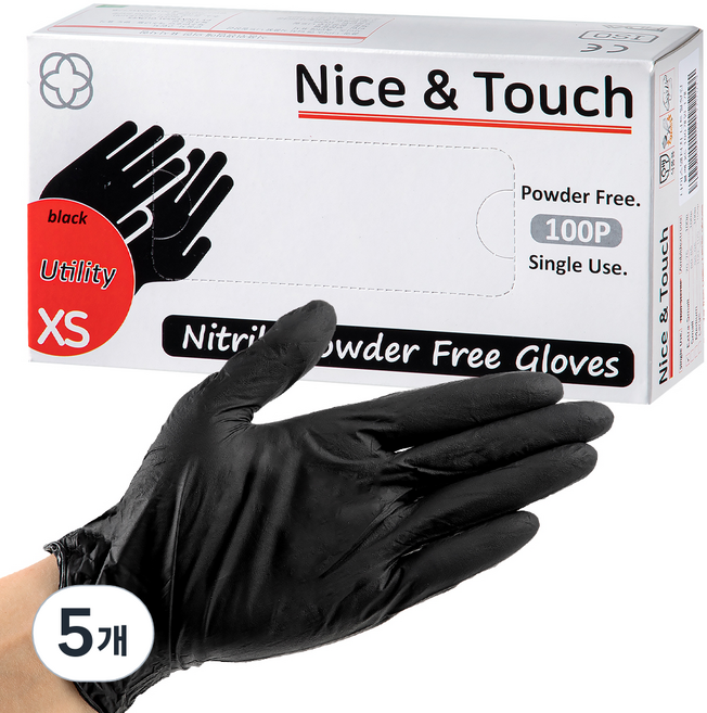 나이스앤터치 니트릴 장갑 100p, 블랙, 미니(XS), 5개