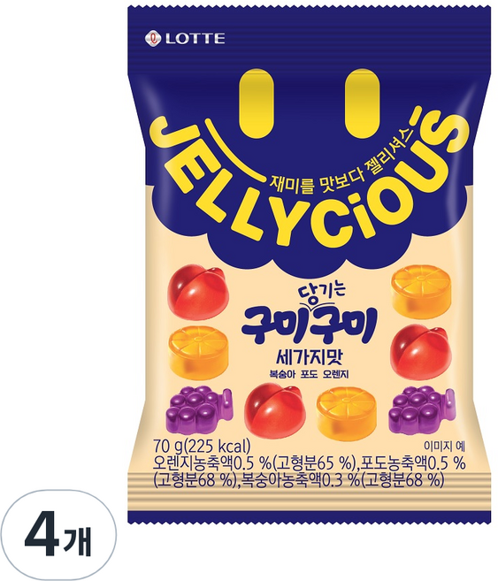 롯데웰푸드 젤리셔스 당기는 구미 젤리, 70g, 4개