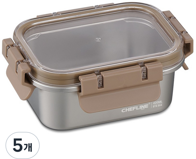 셰프라인 스텐 SUS304 전자레인지사용가능한 스텐블록 밀폐용기 1호 CLIH-S420, 5개, 420ml