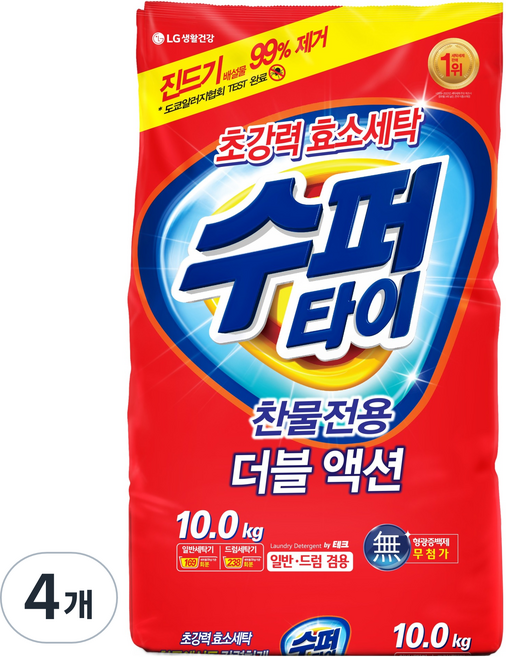 수퍼타이 더블액션 뉴 분말세제 리필, 10kg, 4개