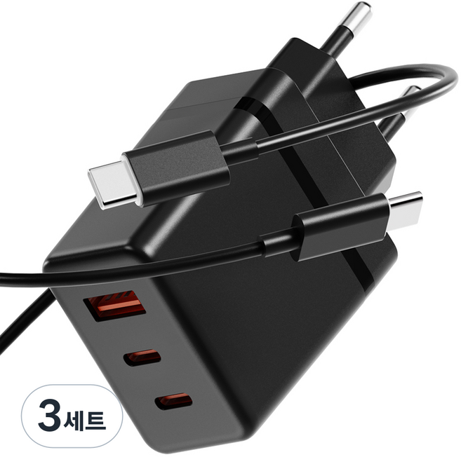 누아트 PD충전 36W 3포트 멀티 초고속 충전기 어댑터 + C to C 고속 충전케이블 1m 세트, 블랙, 3세트