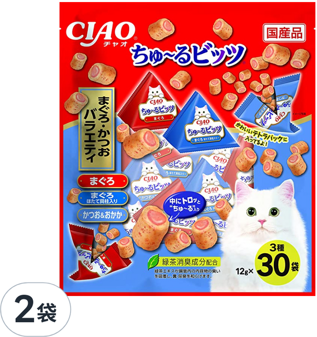INABA CIAO 啾嚕 夾心肉泥捲, 鮪魚 + 鮪魚&干貝 + 鰹魚&柴魚片, 360g, 2袋