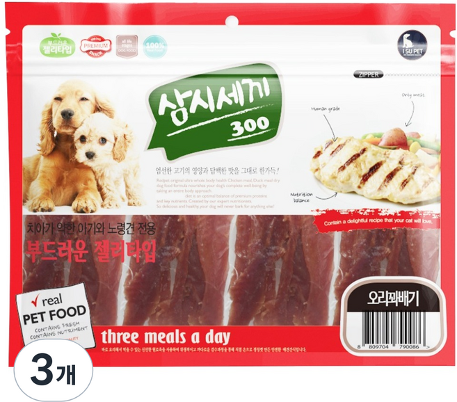 초심 강아지 삼시세끼 꽈배기 육포 간식, 오리가슴살, 300g, 3개