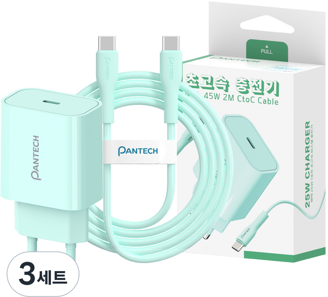 팬택 25W 1포트 파스텔 초고속충전기+ 45W 2m C to C 케이블 세트, 3세트, 민트