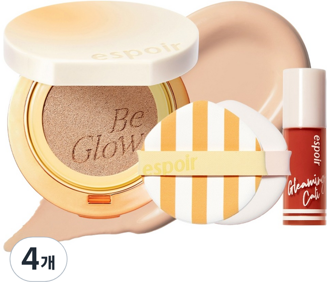 espoir 艾絲珀 Be Glow 豐盈氣墊粉底 13g SPF42 PA+++ + 粉撲 2入 + 晶亮卡莉版唇釉 2g 套組, 22 花瓣, 4個