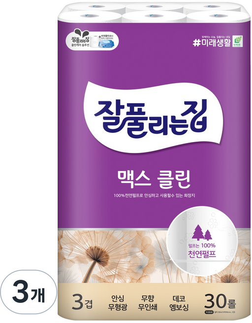 잘풀리는집 맥스 클린 화장지, 30m, 30롤, 3개