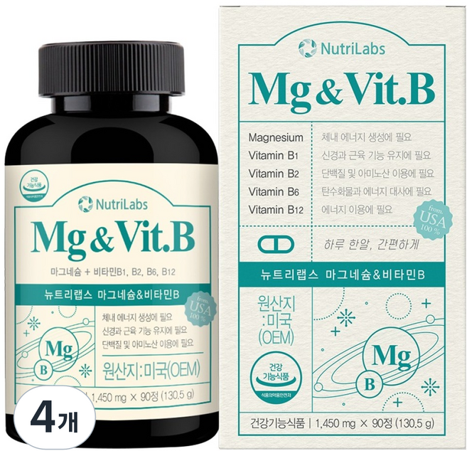 뉴트리랩스 고함량 마그네슘 앤 비타민B 활력 에너지 보충 신경 근육 기능 유지 영양제 130.5g, 90정, 4개